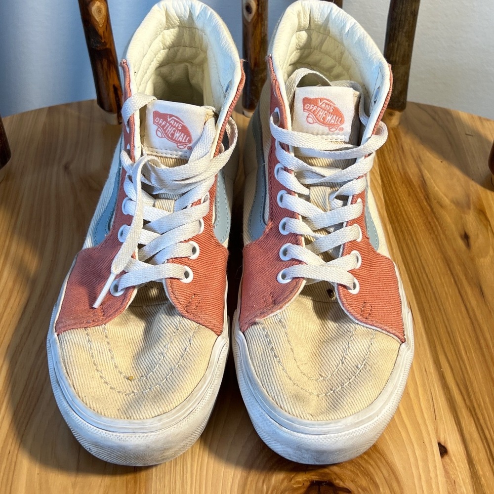 Vans Sk8-Hi High Top Sneakers Cream Coral Blue Colorblock Women sport 7 Mens 5.5